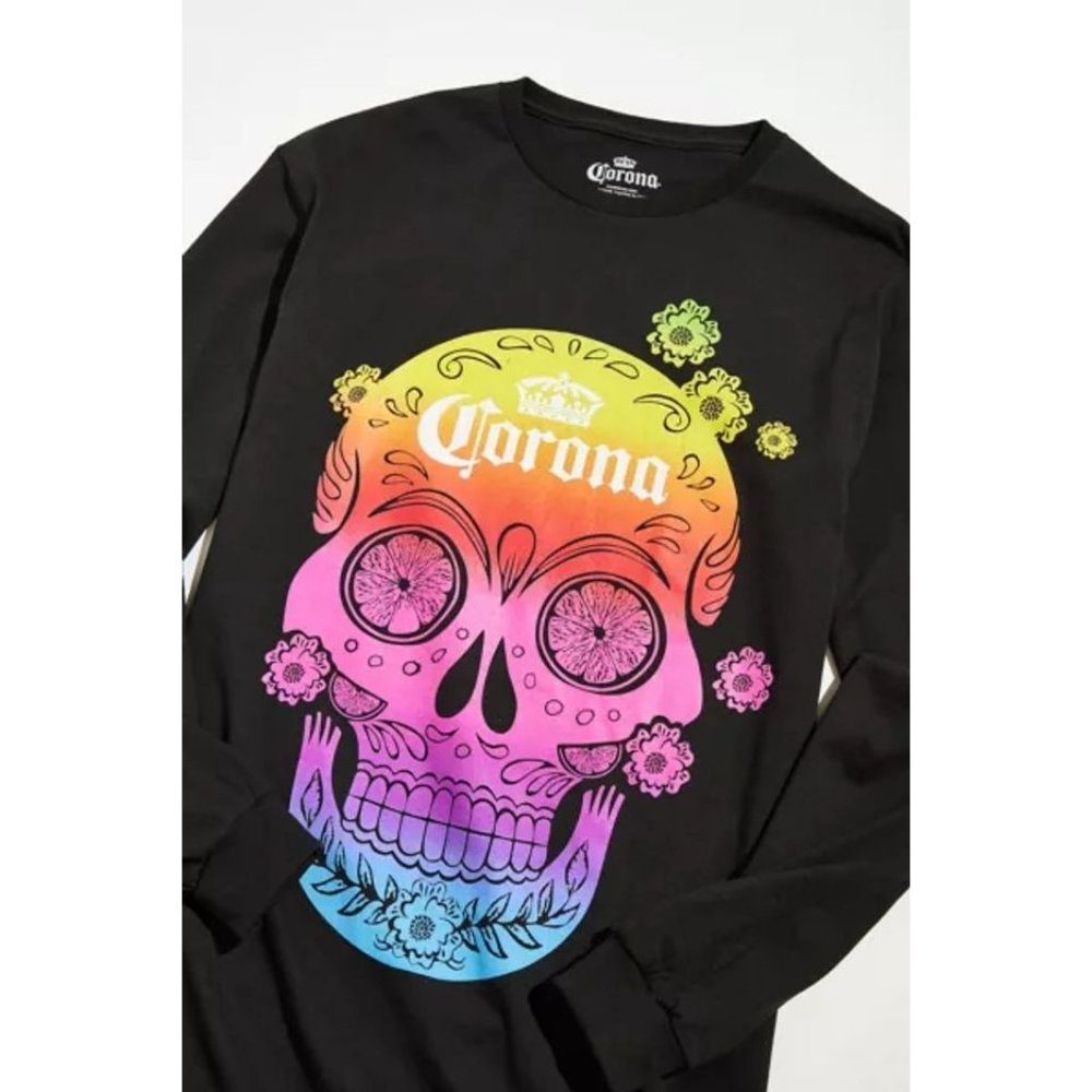 NEW URBAN OUTFITTERS CORONA BEER T SHIRT UNISEX LARGE BLACK LONG SLEEVE RAINBOW - Picture 2 of 5